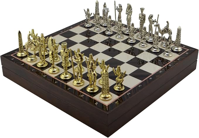 Metal Chess Set for Adults Egypt Pharaoh Figures,Handmade Pieces and Different Design Wooden Chess Board with Storage (Walnut)