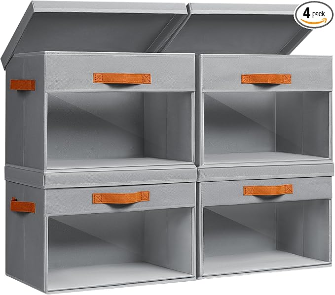 Large Storage Bins with Lids - 4 Pack Foldable Decorative Organizers with Clear Windows & Handles, Cube Storage Organizers for Clothes, Blankets, Sweaters, Sheets, Grey by Homsorout