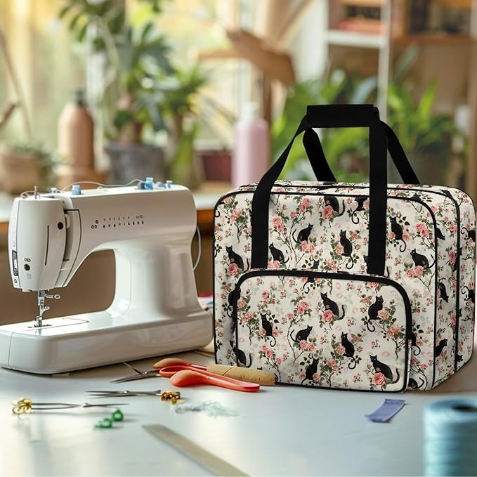 Sewing Machine Carrying Bag Universal Travel Tote Bag Portable Sewing Machine Dust Bag Large Capacity Storage Bag for Most Standard Size Sewing Machines and Accessories, Retro Black Cat Rose - Image 4