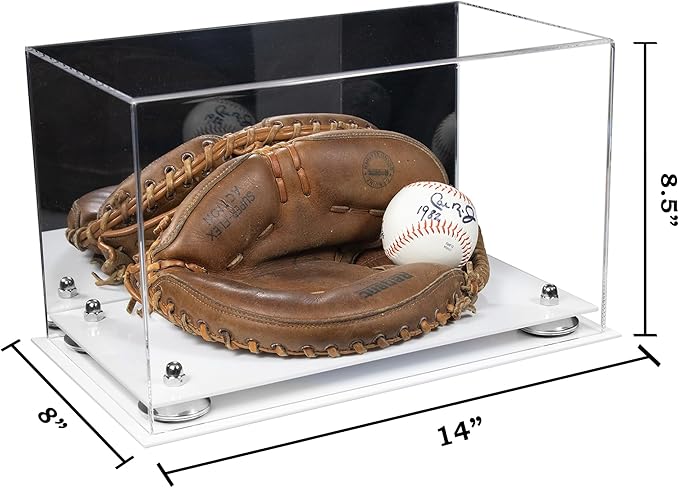 Better Display Cases Acrylic Catchers Glove Display Case with Mirror Case, Silver Risers and White Base 14" x 8" x 8.5" (V16/A011)
