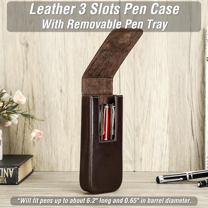Top Grain Genuine Leather 3 Pen/Pencil Tray Case Holder, Minimalist Fashion Design, Handmade, Magnetic Closing with Drawer Design, Gift Choice for Man/Woman/Office, Glossy Coffee, 3 Slots - Image 3