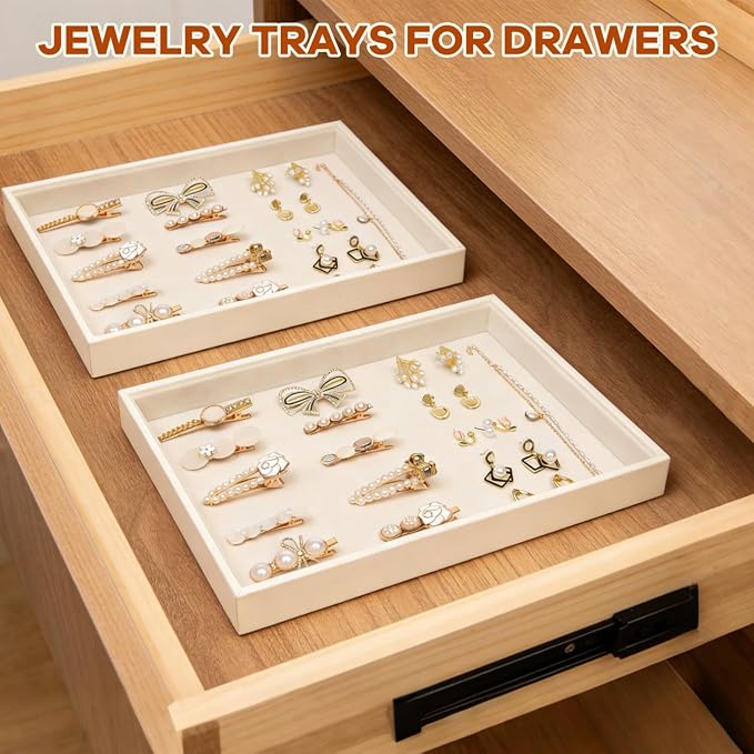 Beige Velvet Jewelry Trays for Drawers Black Jewelrys Display Tray Stackable Jewelry Organizer Trays for Necklace Bracelet Ring Watch (4 Pack) - Image 5