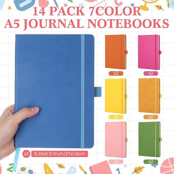 Laumoi 14 Pack Hardcover Lined Journal Notebooks Bulk,Fashion Color,A5 | PU Leather Journaling, Wide Ruled, with Pen Holder, for Office Business Work Writing - Image 2
