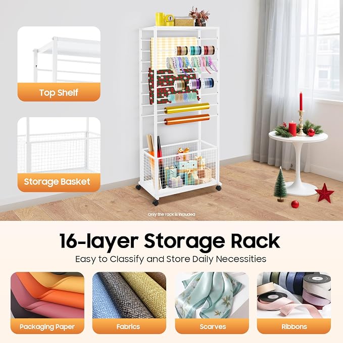 16-Tier Metal Ribbon Organizer, Ribbon Storage Rack with Wheels | 26.38*12.6*59.06" Craft Cart, Rolling Vertical Gift Wrapping Paper Storage Cart Organizer for Display Sewing (White) - Image 3