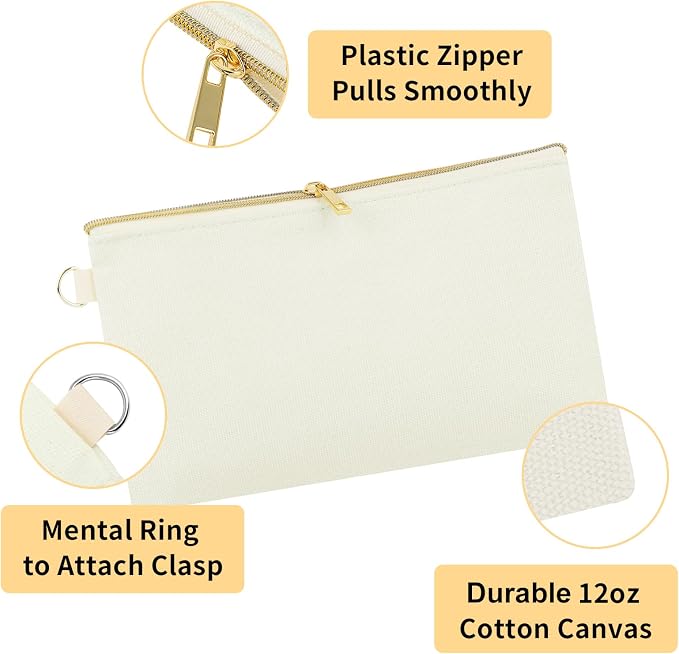 Muka 60 Pack Canvas Zipper Pouch Cosmetic Natural Makeup Bag Travel Toiletry - Gold Zipper - Image 3