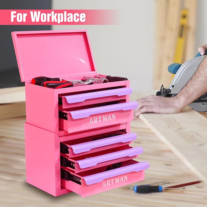 Mini Metal Tool Box, 2+3 Layer Portable Steel Small Tool Chest Cabinet, Stackable Desktop Organizer, Makeup & Stationery Storage Drawers with Handles for Home Office Workshop(Pink & Purple) - Image 2