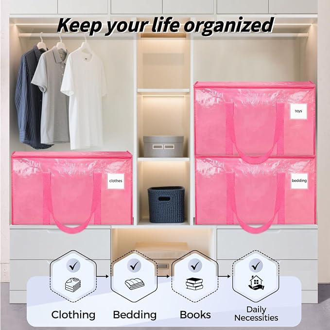 8 Pack Extra Large Clothes Storage Bins with Lids, Moving Bags, Pink | Storage Bags with Reinforced Handles & Heavy-Duty Zippers, Moving Boxes Totes for Clothes Packing, Dorms, College Supplies - Image 7