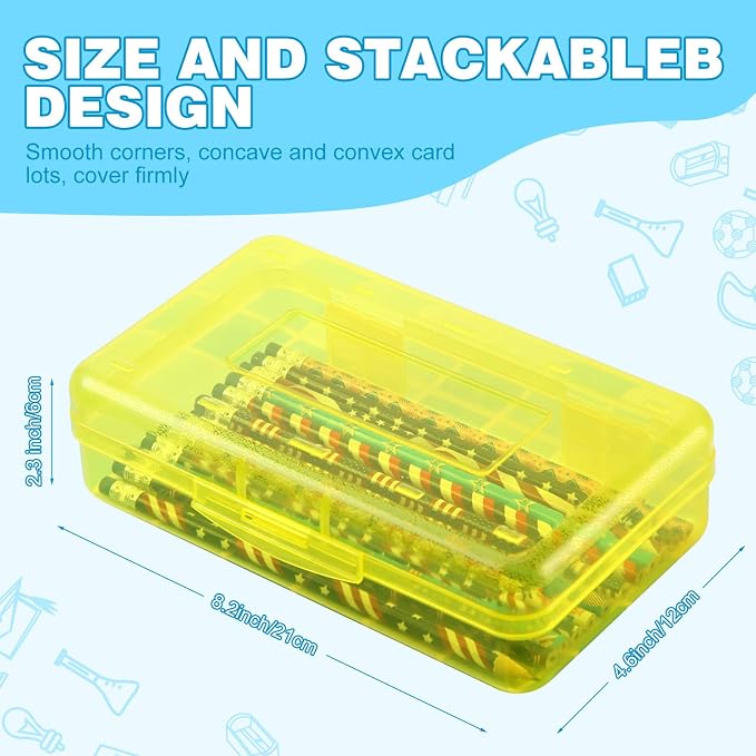Leelosp 12 Pack Pencil Boxes Bulk, Large Plastic Case,Pink Yellow Blue | Stackable Hard Storage Box with Snap Lid for School Classroom, Desk Drawer Organizer, Crayons Markers Kids Supplies - Image 2