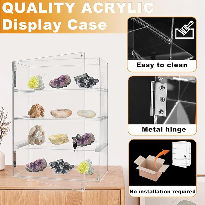 Acrylic Display Case with Lock Key 4 Tier Clear Display Case Locking Cabinet for Collectibles Figure Knife Rock Perfume Countertop Retail Showcase Display Box Wall Mount with Shelves 11.8x5.9x15.7 in