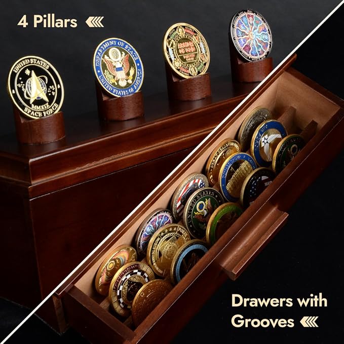 Challenge Coin Display Case, Military Coin Collection Holder with Wooden Coin Box, Drawers, and Clear Acrylic Lid – Gifts for Coins Collectors (4 Pillars) - Image 2