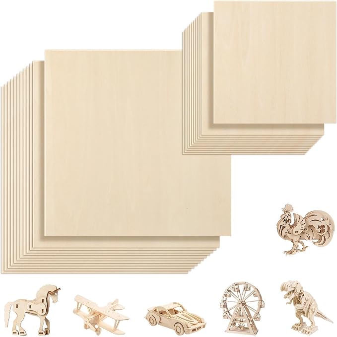 SiliFine 6x6+12x12 Inch 24 Pack Basswood Sheets for Crafts, Mixed Sizes 1/16“or 1/8" 3mm Plywood Boards, Unfinished Wood Sheets for Laser Cutting Burning Paint DIY Project Model (Square) by SiliFine