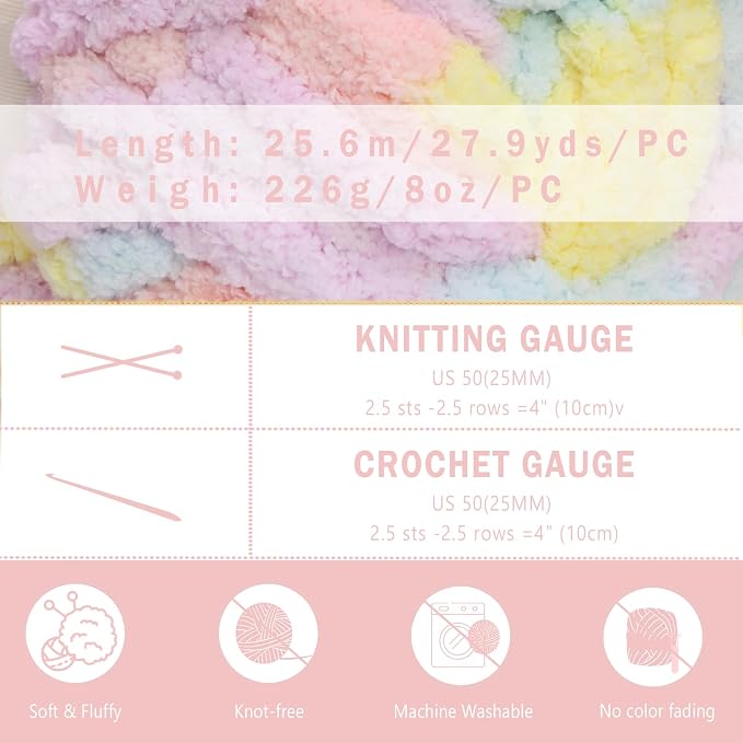 8 Pack Giant Chunky Yarn for Crocheting/Hand Knitting, Blanket Extra Thick Yarn, Super Bulky Large Soft Fluffy Plush Fuzzy Thick Chenille Yarn-1 Pack of 226g/7.97oz-Candy Colors - Image 5