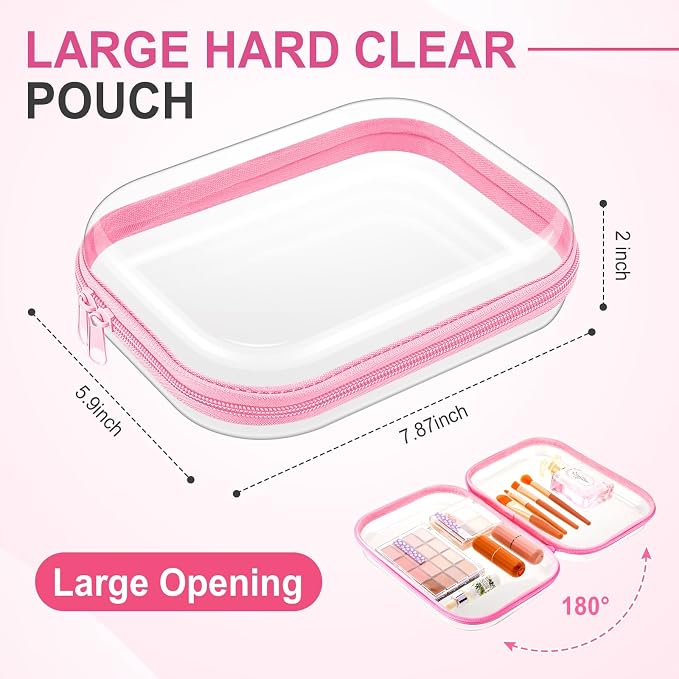 Sanwuta 6 Clear Hard Zipper Case,Pink,7.87 X 5.9 X 2 Inch | Pencil Case Pouches ,Makeup Bag,Plastic Toiletry Diaper Bag ,Travel Toy Storage,Waterproof Organizer Bins - Image 2