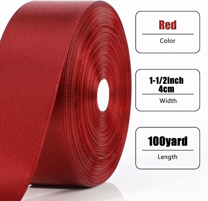100 Yards Ribbon,1-1/2 Inch Wine Red Satin Ribbon,Single Face Satin Ribbons | Perfect for Gift Wrapping,Wedding Decoration,Handmade Bows,Wrapping Bouquet and More - Image 2