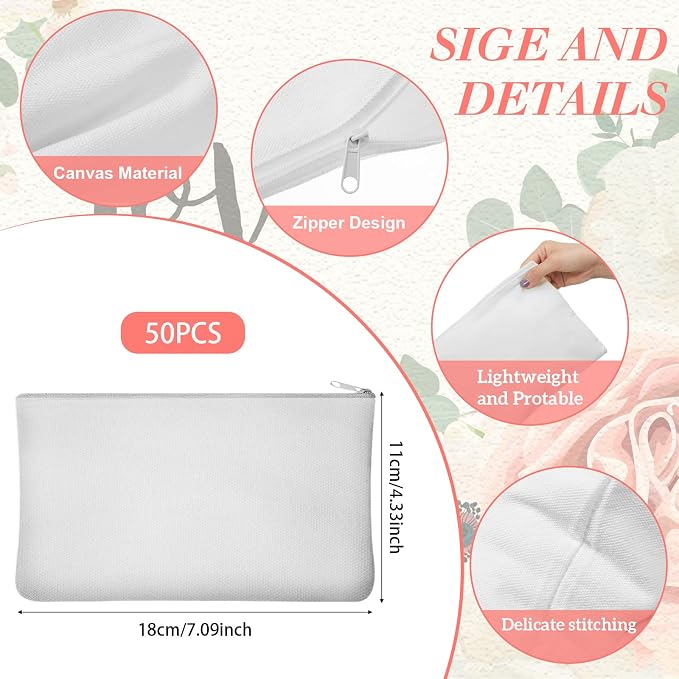 Frienda 50 Pcs Sublimation Blank Canvas Makeup Bags Bulk DIY Heat Transfer Canvas Pen Case Pencil Cosmetic Makeup Bags Clear Sublimation Blank Pouch with Zipper (7 x 4.3 Inch,White) - Image 2