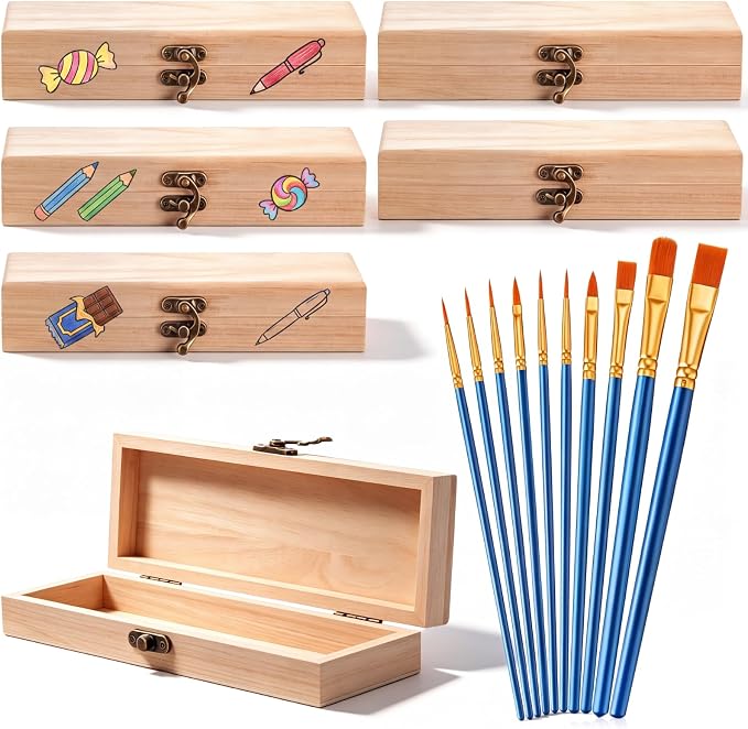 6 Sets Unfinished Wooden Box Rectangle with 10 Brushes Unpainted Wooden Treasure Chest Natural Pine Box with Hinged Lid for DIY Craft Making Storage Jewelry School's Day Gift 8.2x2.7x1.5 in by Taiyin
