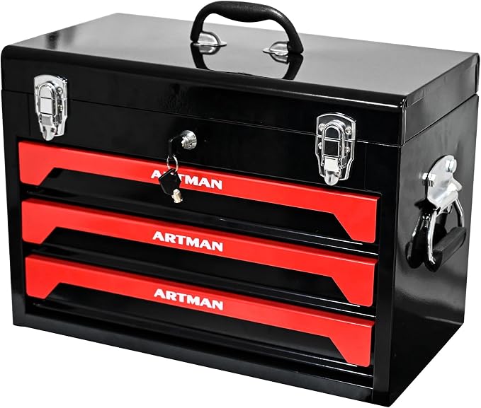 20" 3-Drawer Heavy Duty Portable Steel Tool Box, Lockable Tool Chest Organizer with Top Tray, Ball Bearing Slides, Drawer Liners, Carry Handle & Key Lock for Garage, Warehouse, Workshop - Image 9