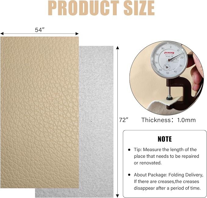 Faux Leather Fabric, 54"x72" Thick Durable Synthetic Upholstery Lychee Texture Leather Vinyl, Soft Smooth Waterproof,Replacement Renovate for Wallets, DIY Projects, Furniture 2 Yard-Beige - Image 2