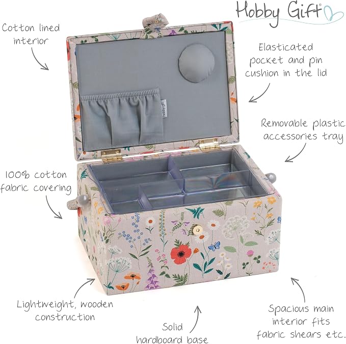 Hobby Gift Medium Sewing Box Organiser, Fabric Covered Storage Box with Handle, Internal Tray, Pin Cushion and Pocket for Sewing, Quilting and Knitting Supplies - Image 4