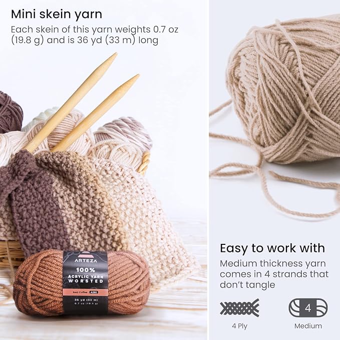 ARTEZA Acrylic Yarn for Crocheting, 20 Mini-Skeins of Worsted Yarn for Knitting in Dark Colors, Knitting & Crochet Supplies - Image 3