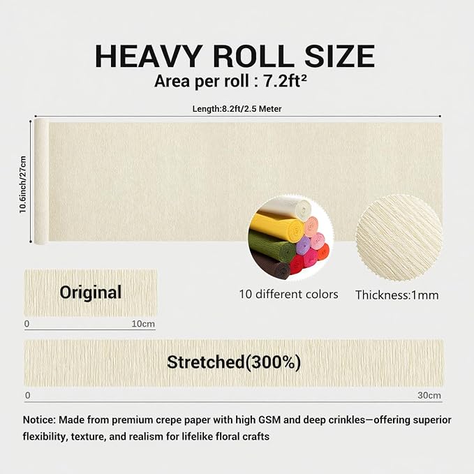 Heavy Crepe Paper for Flower Making, DIY Crafts | Italian-Quality Crepe Paper with 300% Stretch | Papel Crepe de Colores Paquete (10 Rolled, Muticolor) - Image 2