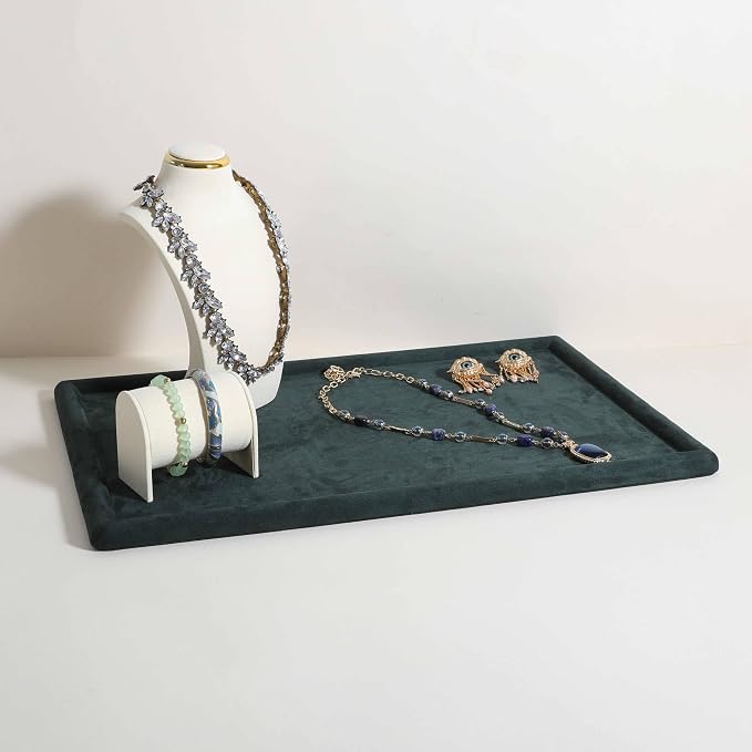 Rectangle Jewelry storage organizer plate, Velvet Jewerly display tray, Empty showcase tray for Necklace Bracelet Ring Earring【Green-Large, 17.7 x 11.8 in 】 - Image 4