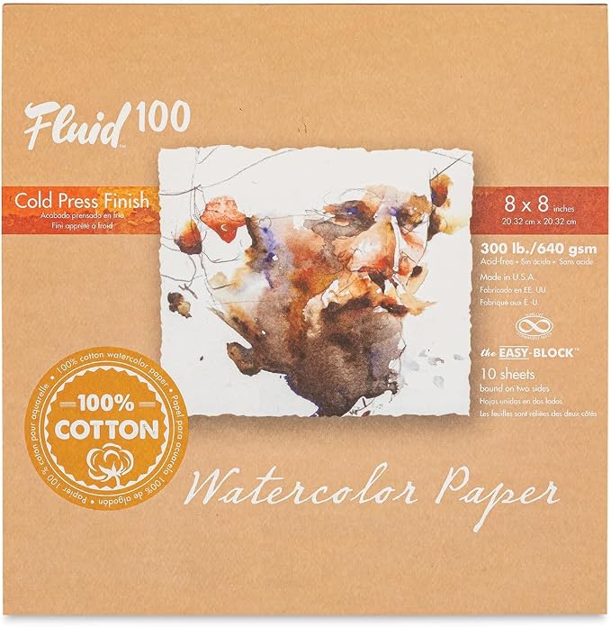Fluid 100 Watercolor Paper Block, 8 x 8 inches, 10 Sheets, 300 lb (640 GSM) 100% Cotton Cold Press Pad for Artist Painting and Wet Media by SpeedballArt