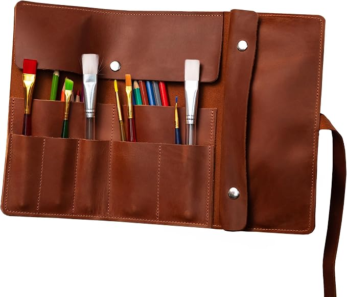 Handmade Artist Pencil Case for Adults Women, Leather Pencil Roll, Artist Gifts, Pencil Wrap Roll Up, Leather Paint Brush Case, Warm Brown by Unknown