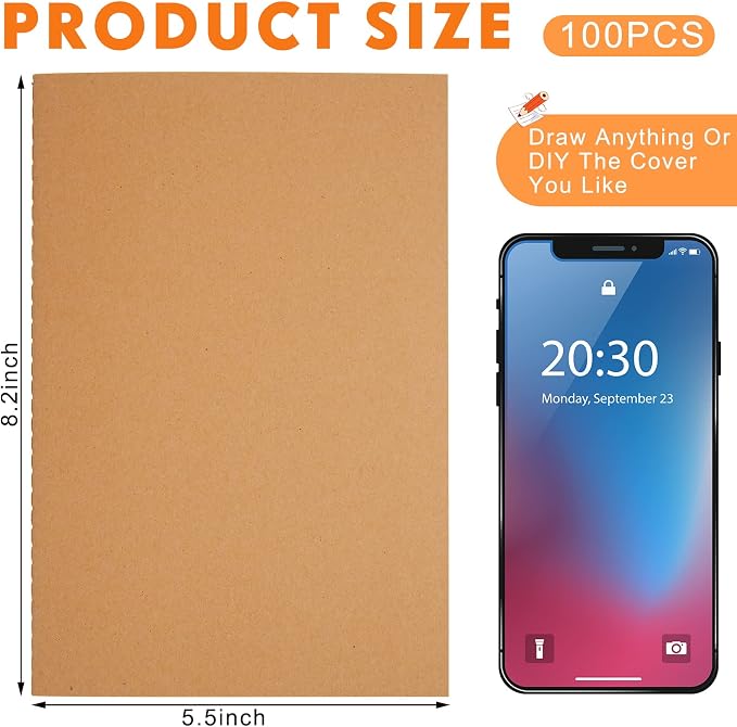 100 Pcs A5 Journals Notebooks Bulk,Brown,Unlined | Kraft Softcover Small Notebooks 5.5 Inch x 8.3 Inch Notepads with 60 Page 30 Sheet for Writing Sketch Travel Office Supplies - Image 2