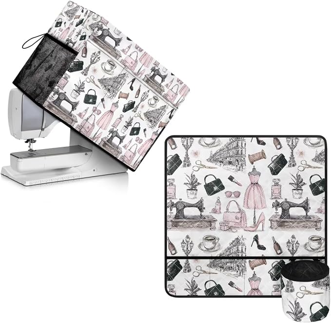 Retro Sewing Elements Sewing Machine Protective Cover and Table Mat with Small Cylinder and Pocket Durable Waterproof Sewing Supplies For Fits Standard Singer, Brother and Janome Machines by PJHEQOXE