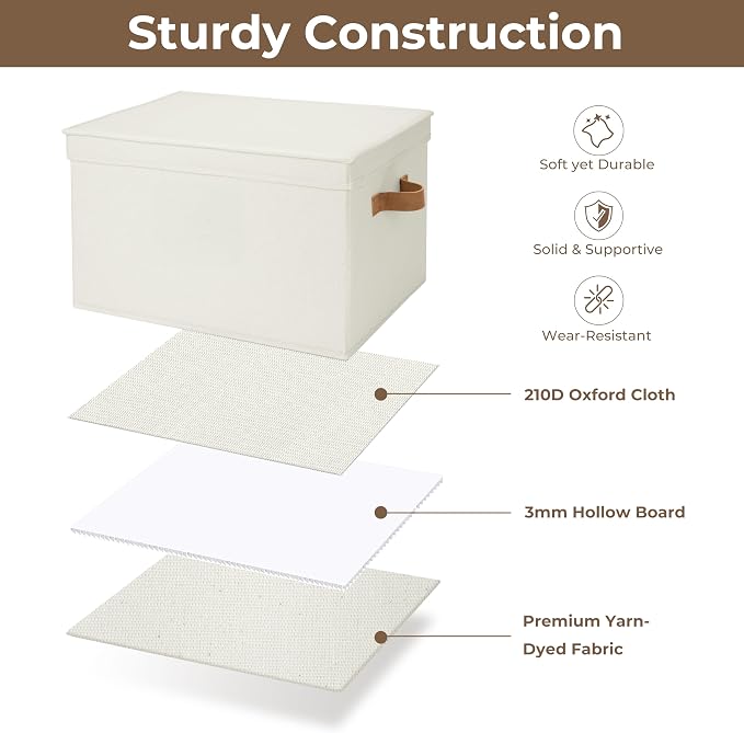 StorageWorks Storage Bins with Lids, Decorative Storage Boxes with Lid and PU Handles, Foldable Storage Baskets for Closet, Shelves, Stackable, Ivory, Jumbo, 3-Pack | Lidded Dust-proof, Easy Pull Handles, Foldable, Stackable, Ideal for Clothes Blanket ... - Image 5
