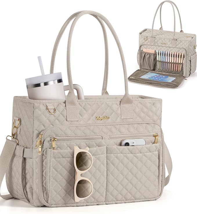 Bagstellar Teacher Tote Bag for Women, 15.6" Laptop Work Tote Computer Bag | Quilted Bible Nurse Bag with 40oz Cup Holder, Insulated Pocket & Strap, Large Laptop Briefcase for School Travel Office Gifts by Bagstellar