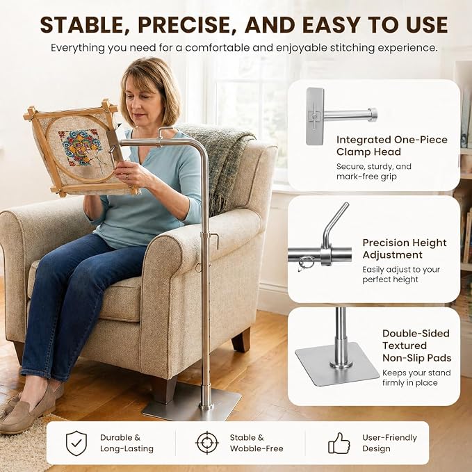 Workstand with Side Clamp for Lowery Stands, 360° Adjustable Needlepoint Stand with Dual Anti Slip Pads, Metal Embroidery Stand Frame Holder, Fits Q Snap Frames and Scroll Rods up to 20" Wide - Image 4