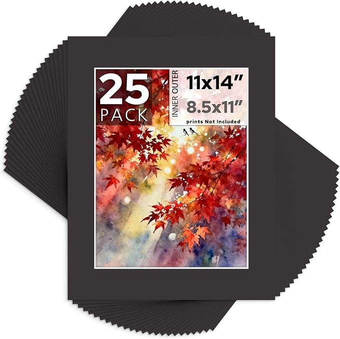 Mat Board Center 25 Pack 11x14 Picture Mat for 8.5x11 Photo Black | Fits 8.5x11, White Core, Acid Free, 4-Ply Thick, Photo, Art, Poster or Print Display by MatBoardCenter