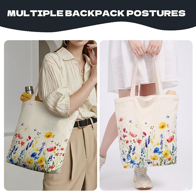 Printed Canvas Tote Bag Zipper Pocket & Magnetic Snap, Flower | Versatile Hand Shoulder Carry, 15x16 Inch Large Large Capacity, for Work, Travel, Shopping - Image 4