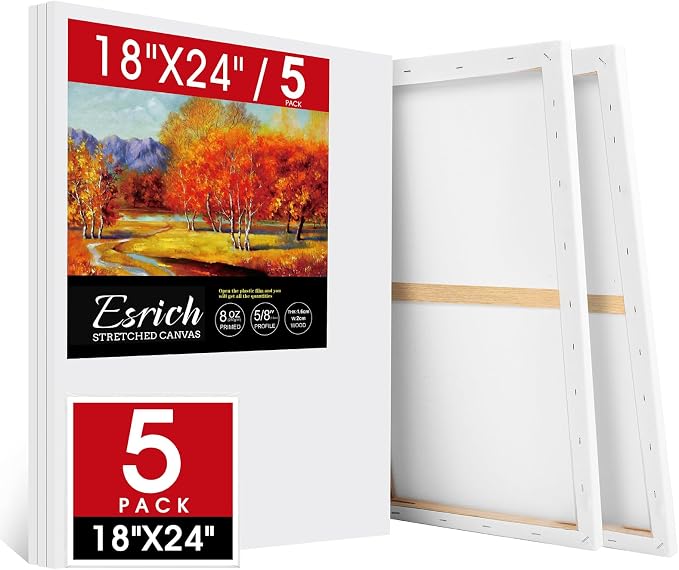 ESRICH Stretched Canvas for Painting 18x24 Inch, 5Pack Large Canvas for Painting, Primed Acid-Free Cotton Blank Canvases, Art Paint Canvases for Oil Paint,Watercolor,Acrylic Paint,Gouache and Tempera. by ESRICH