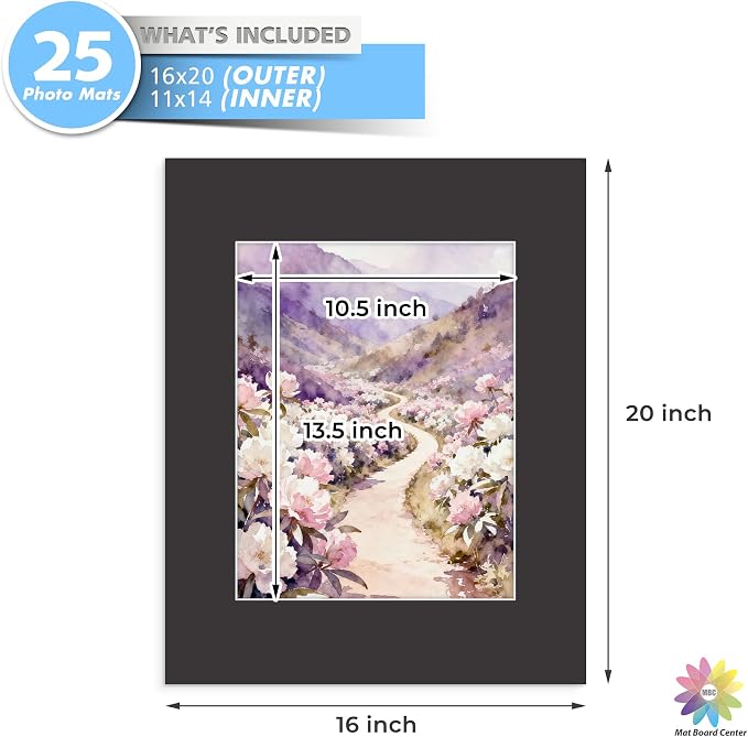 Mat Board Center 25 Pack 16x20 Picture Mat for 11x14 Photo Black | Fits 11x14, White Core, Acid Free, 4-Ply Thick, Photo, Art, Poster or Print Display - Image 3