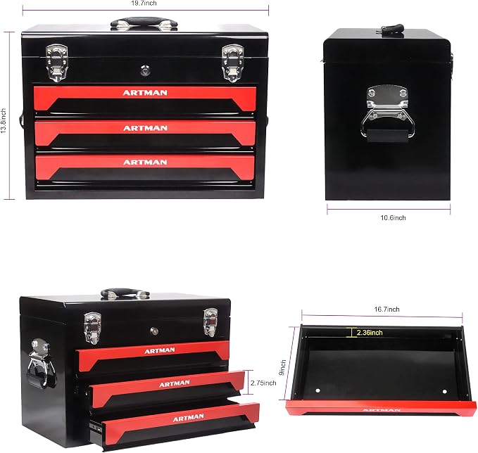 20" 3-Drawer Heavy Duty Portable Steel Tool Box, Lockable Tool Chest Organizer with Top Tray, Ball Bearing Slides, Drawer Liners, Carry Handle & Key Lock for Garage, Warehouse, Workshop - Image 3
