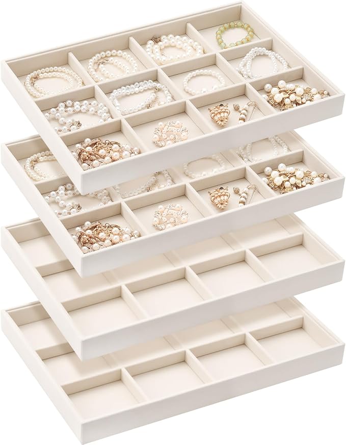 Cinnvoice 4 Pcs Stackable Jewelry Organizer Tray, 12 Grids Velvet Bracelet Ring Necklace Tray, Jewelry Organizer Trays for Drawer Display Selling Bangle Necklace Earring Showcase Storage(Beige) by Cinnvoice
