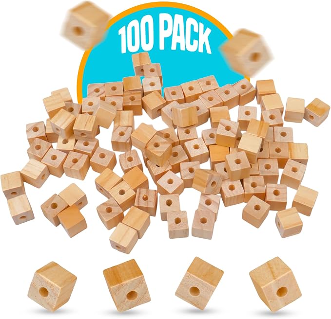 Wood Cubes with Holes, 100-Pack - 1/2 in. Blocks for STEM Cars | 100 half-inch wood cubes pre-drilled for axles and dowels, ready for car and machine builds - Image 2
