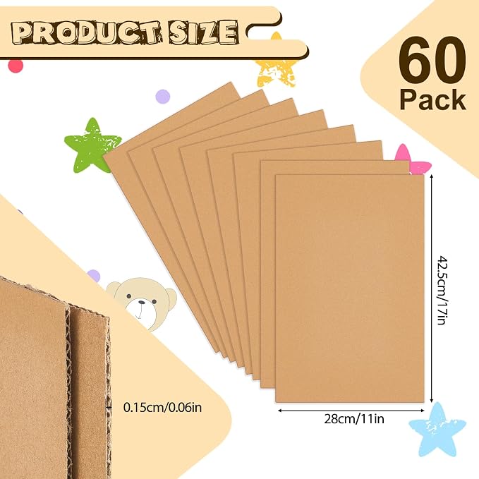 60 Pack 11 X 17 Inch Brown Cardboard Sheets | Corrugated Flat Inserts for Packing Shipping Mailing, Protective Separators for Fragile Items Dishes, DIY Crafts Projects - Image 2