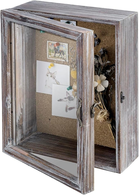 MyGift 11x14 Deep Shadow Box with Cork Board Backing, Wall Mounted Display Case with Clear Acrylic Front Window Panel, Metal Handle and Latch, Rustic Torched Wood