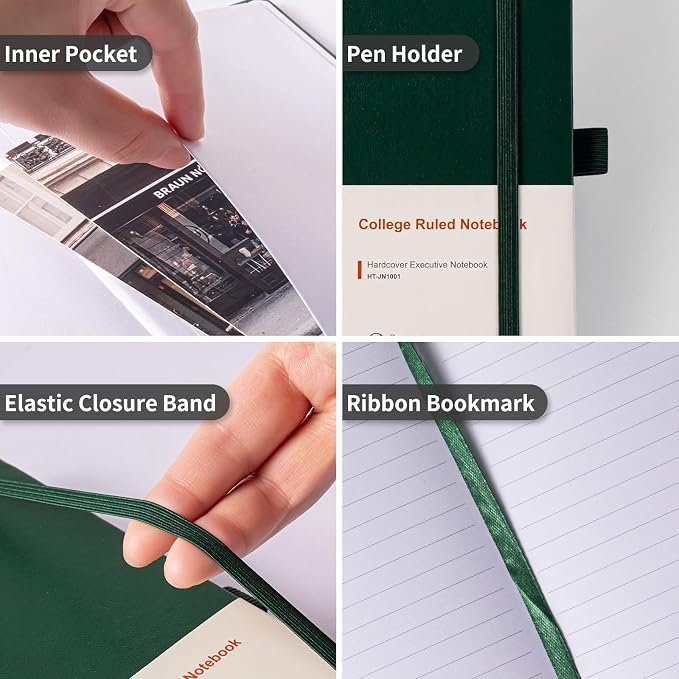 Heture Hardcover Journal Notebooks, A5 Lined Notebook for Writing and Work, 160 Pages 100 GSM Thick Paper, Ruled Notebooks Bulk with Elastic Closure, Hardcover Notebook for Work, School, Travel, Note Taking (Forest Green, 1 Pack) - Image 4