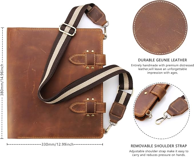Robrasim Handmade Leather Sketchbook Cover, Artist Sketch Pad Holder for 11"X14" Sketchbook, Drawing Book and Pencil Case, Journal Notebook Portfolio with Shoulder Strap, Artist Gifts, Brown - Image 3
