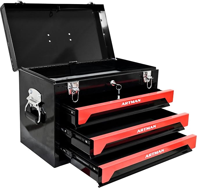20" 3-Drawer Heavy Duty Portable Steel Tool Box, Lockable Tool Chest Organizer with Top Tray, Ball Bearing Slides, Drawer Liners, Carry Handle & Key Lock for Garage, Warehouse, Workshop by Unknown