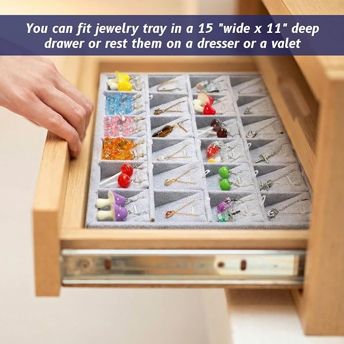 2 Pcs 24 Grid Stackable Jewelry Organizer Tray with Removable Dividers Ice Velvet Jewelry Display Showcase Tray for Necklace Earring Ring Bracelet Holder (Gray Velvet) - Image 5