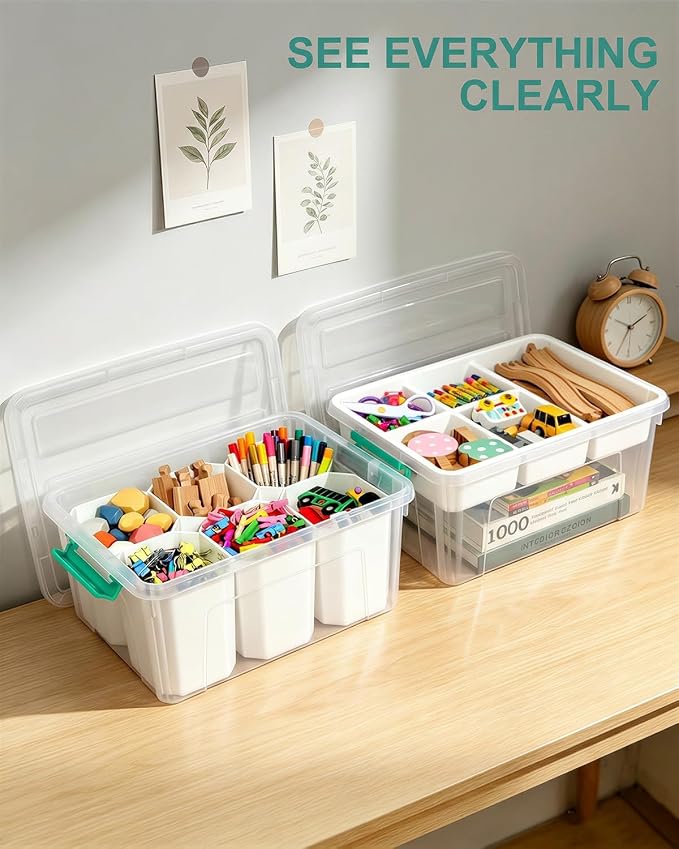 NUMIFUN 17QT Clear Storage Bins with Lids & Dividers for Crafts | Stackable 17-quart transparent box featuring 6 tall removable inserts. Perfect for organizing crafts, tools, toys & crayons - Image 6