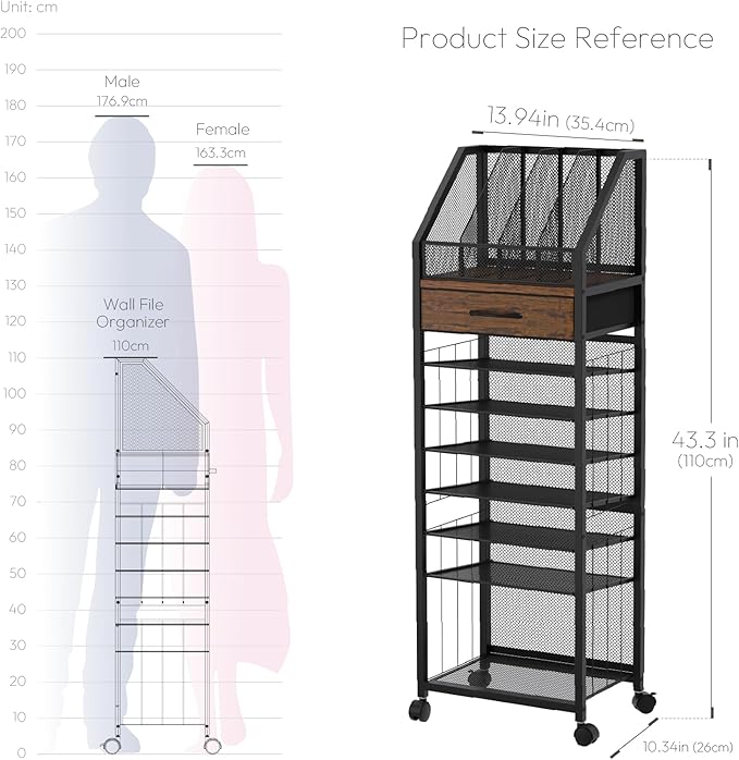 SWTYMIKI 9-Tier Rolling File Cart - Paper Organizer with Drawer and Trays, Wood Desk Office Organizer, Office Organization and Binder Storage for Workspace, Home, School, Espresso - Image 3