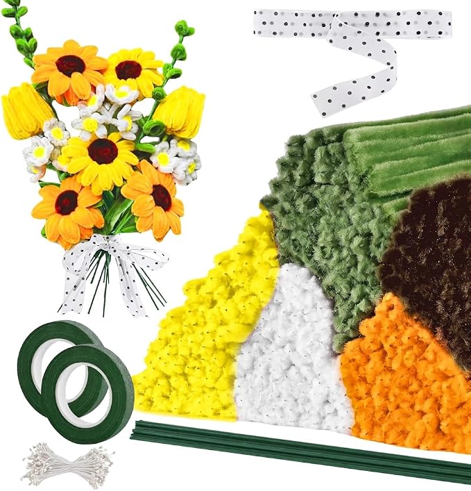 400 Pieces Chenille Stems Pipe Cleaners Craft Kit - Durable Yellow Pipe Cleaners for Crafts & Flowers, Complete DIY Pipe Cleaner Flower Kit for Kids, Ideal for School Projects & Gifts (Sunflower) by ZeniithLiving