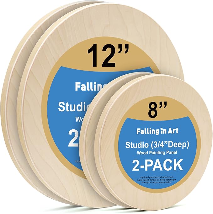 4 Pack 8'' &12'' Unfinished Round Birch Wood Panels | Studio 3/4’’ Deep Wood Canvas, Cradle Boards for Painting, Pouring, Burning, Crafts, Epoxy Resin, Laser Engraving Cutting by FallinginArt